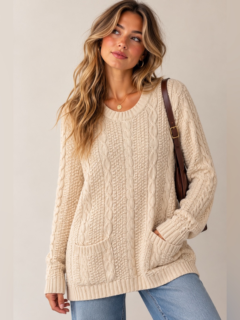 Jeanne Pierre XL 100% Cotton Cream Cable Knit Oversized Tunic Sweater Pockets